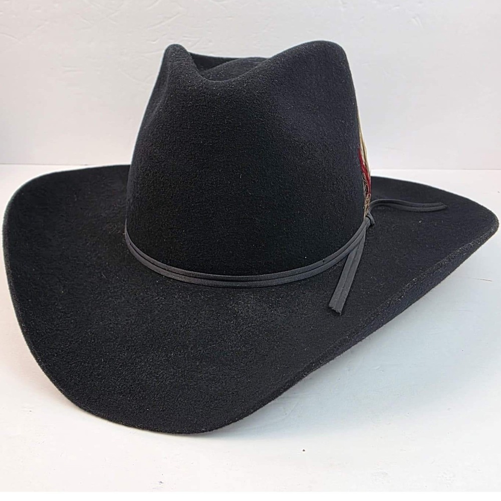 Stetson Pony Express Ravine Black Wool Cowboy Hat Feather 7 3/8 Vintage WW130
